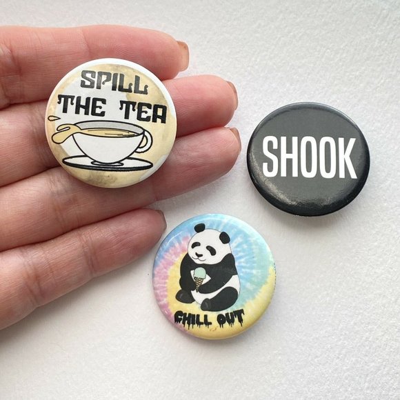 SHOOK Spill The Tea Chill Out Panda Pin Button Pinback Collectible Set Of 3 - Picture 3 of 4